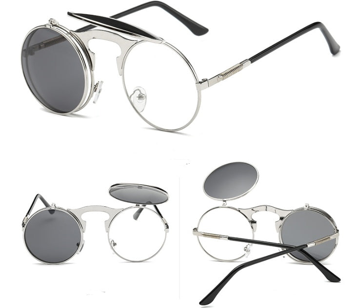 🕶️ Vintage Round Steampunk Flip-Up Sunglasses - UV Protection Metal Frame Cycling
