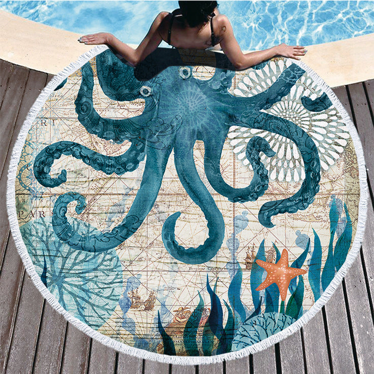 🐢 Ocean Turtle Tassel Round Beach Towel - Microfibre & Travel-Friendly
