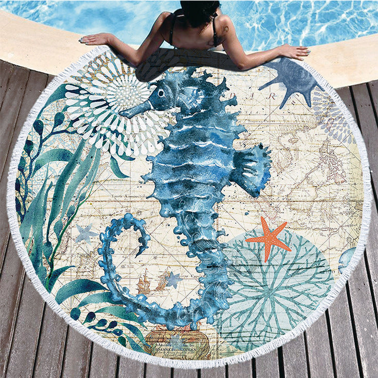 🐢 Ocean Turtle Tassel Round Beach Towel - Microfibre & Travel-Friendly