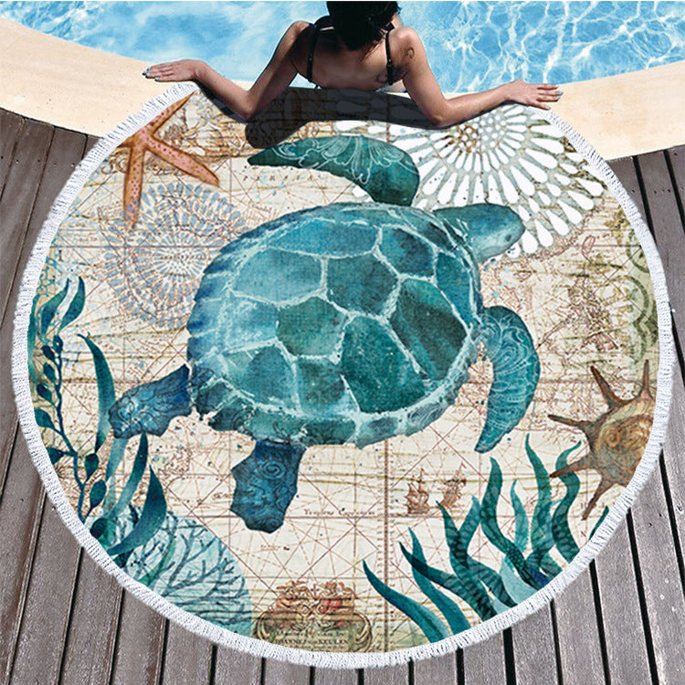 🐢 Ocean Turtle Tassel Round Beach Towel - Microfibre & Travel-Friendly