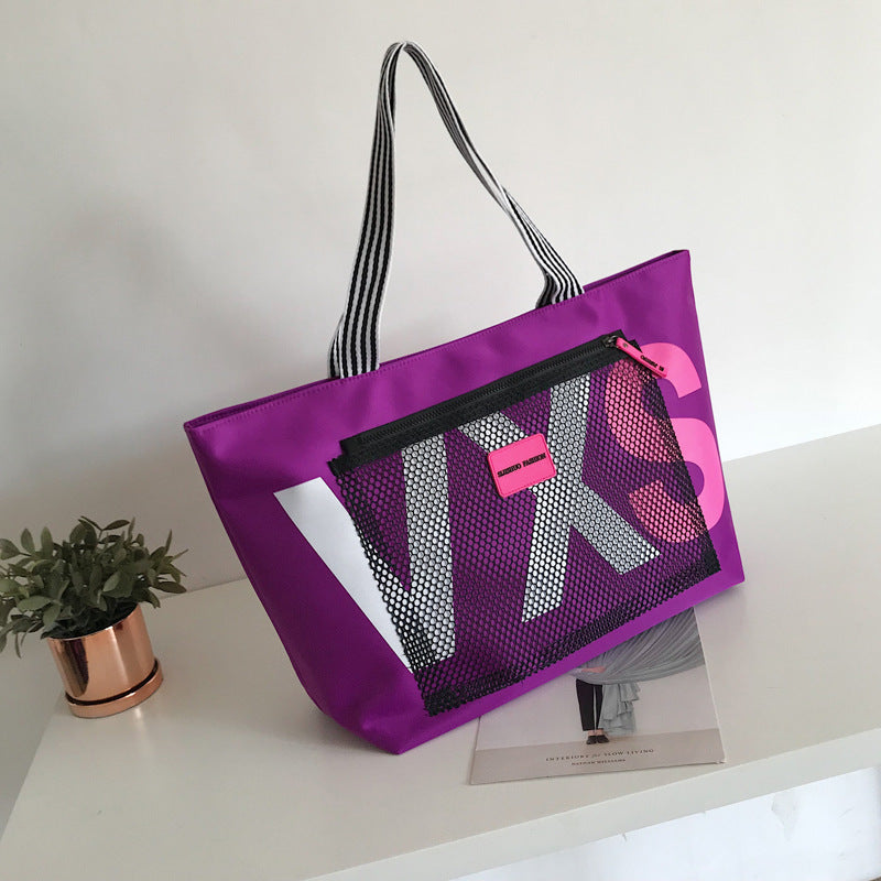 💬 Letter Print Waterproof Tote Beach Bag - Large Capacity Women's Travel Bag