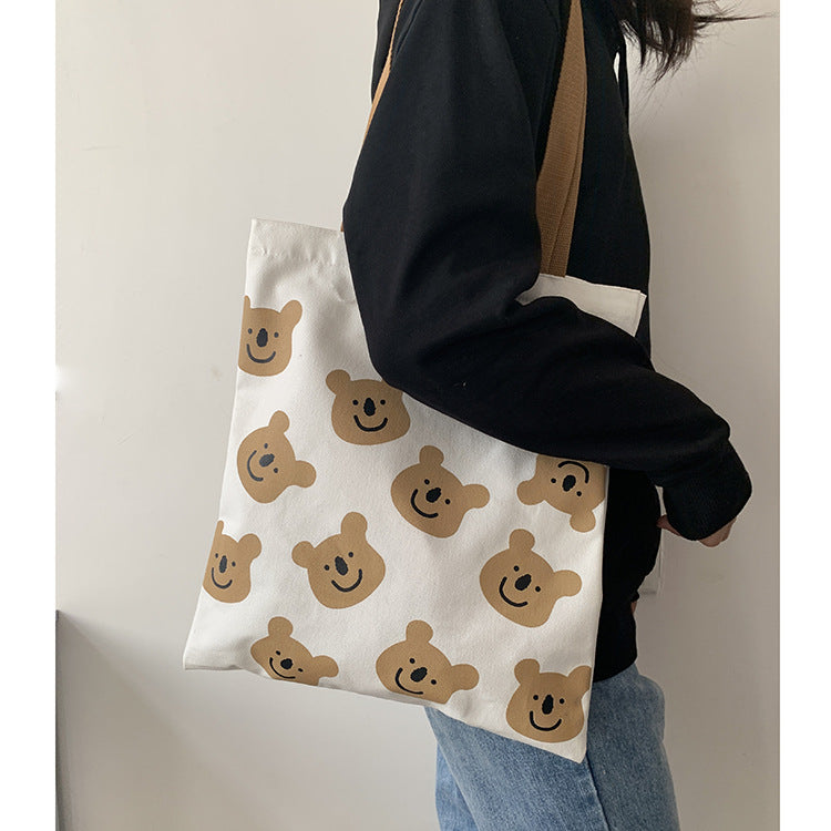 🐻 Canvas Cartoon Bear Tote Bag - Cute Shopping & Beach Bag for Women