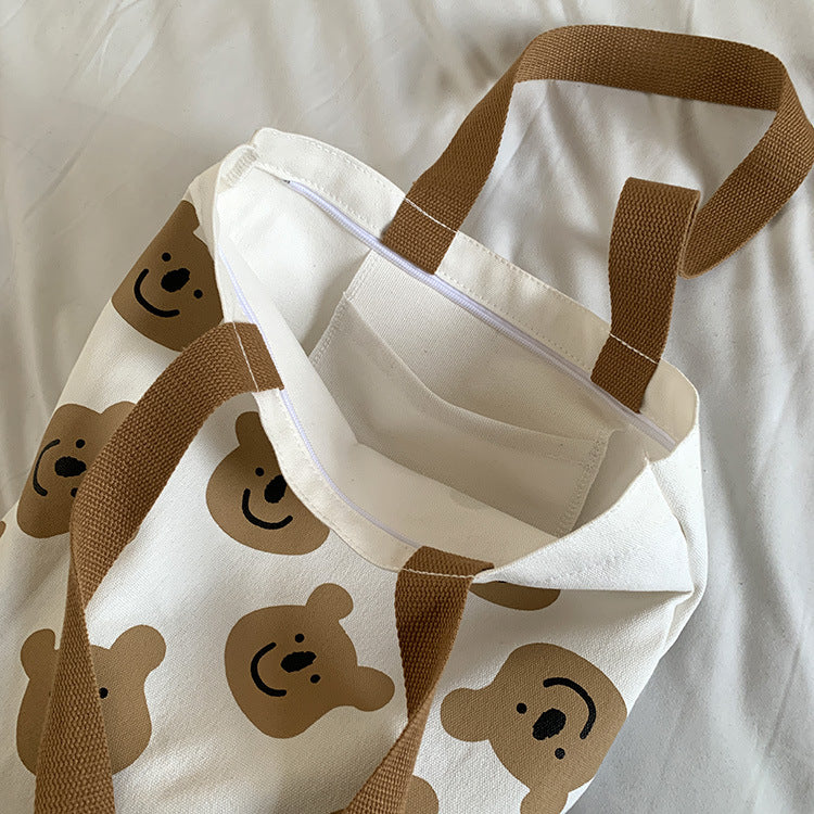 🐻 Canvas Cartoon Bear Tote Bag - Cute Shopping & Beach Bag for Women