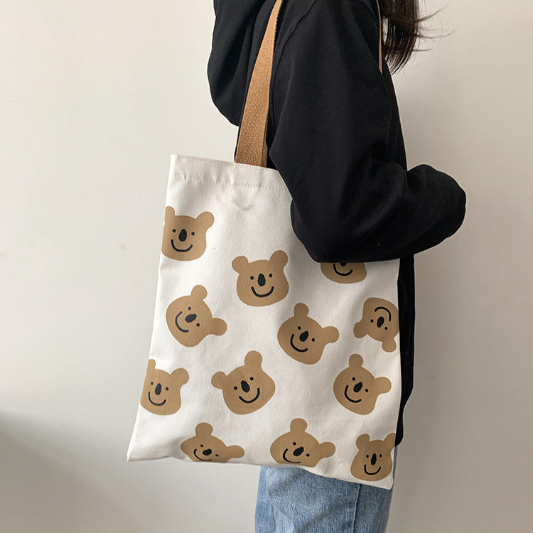 🐻 Canvas Cartoon Bear Tote Bag - Cute Shopping & Beach Bag for Women