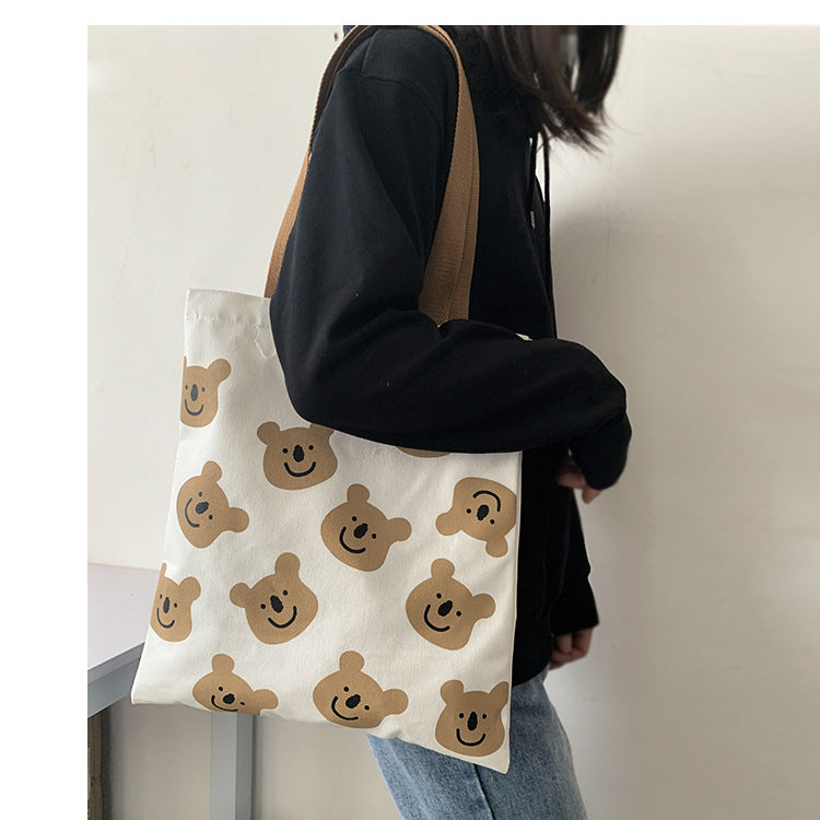 🐻 Canvas Cartoon Bear Tote Bag - Cute Shopping & Beach Bag for Women