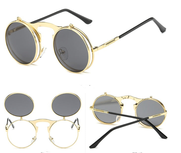 🕶️ Vintage Round Steampunk Flip-Up Sunglasses - UV Protection Metal Frame Cycling