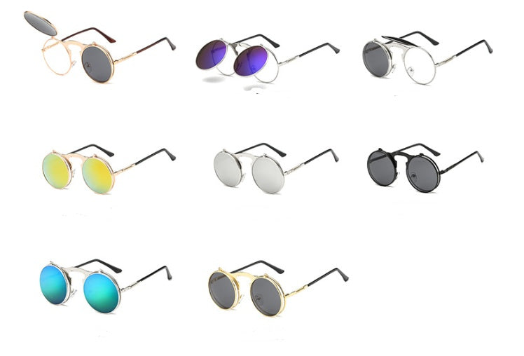 🕶️ Vintage Round Steampunk Flip-Up Sunglasses - UV Protection Metal Frame Cycling