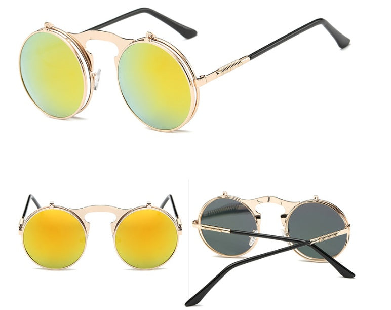 🕶️ Vintage Round Steampunk Flip-Up Sunglasses - UV Protection Metal Frame Cycling