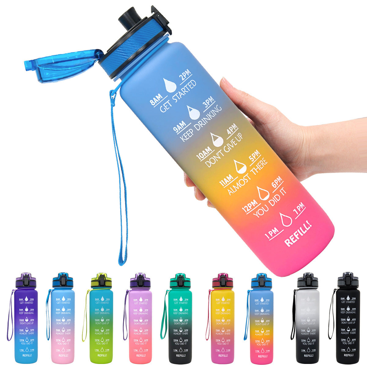 1L Motivational Water Bottle with Time Marker & Flip Cover – BPA Free