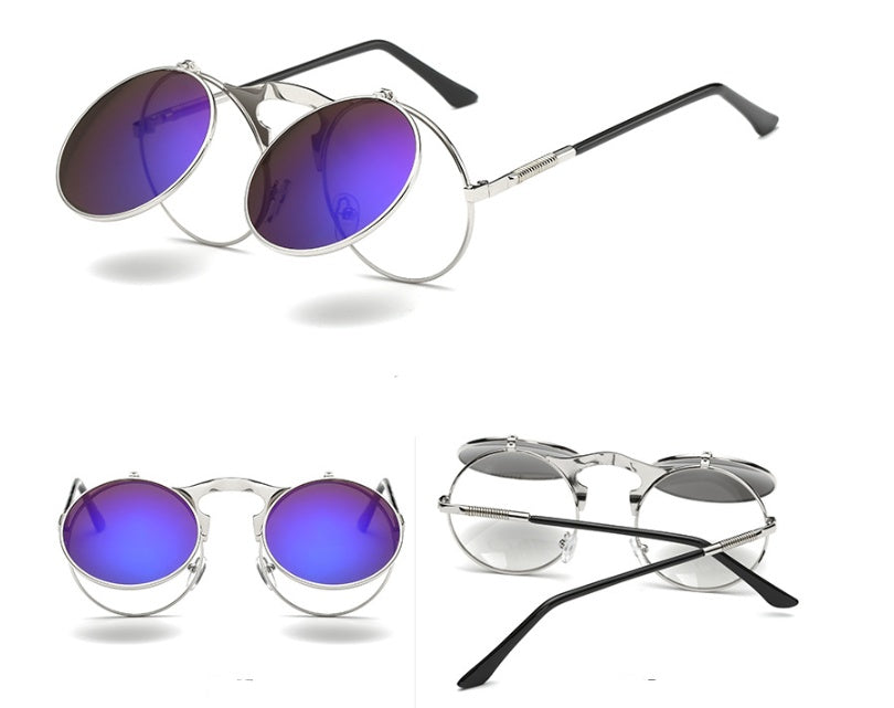 🕶️ Vintage Round Steampunk Flip-Up Sunglasses - UV Protection Metal Frame Cycling