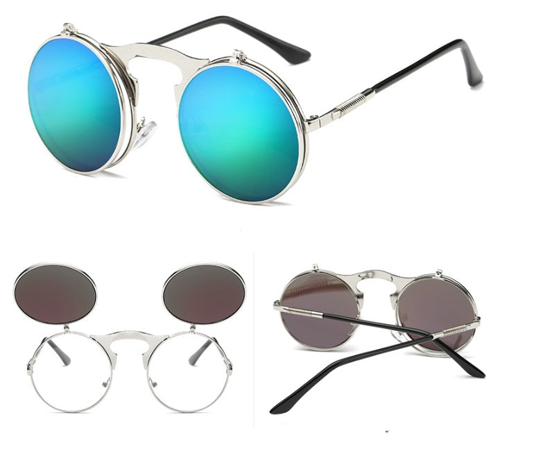 🕶️ Vintage Round Steampunk Flip-Up Sunglasses - UV Protection Metal Frame Cycling