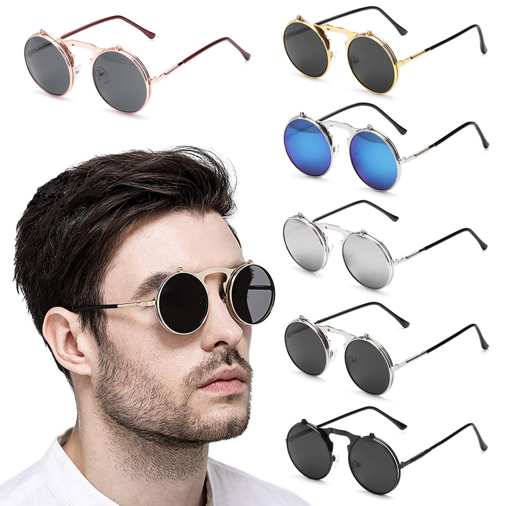 🕶️ Vintage Round Steampunk Flip-Up Sunglasses - UV Protection Metal Frame Cycling