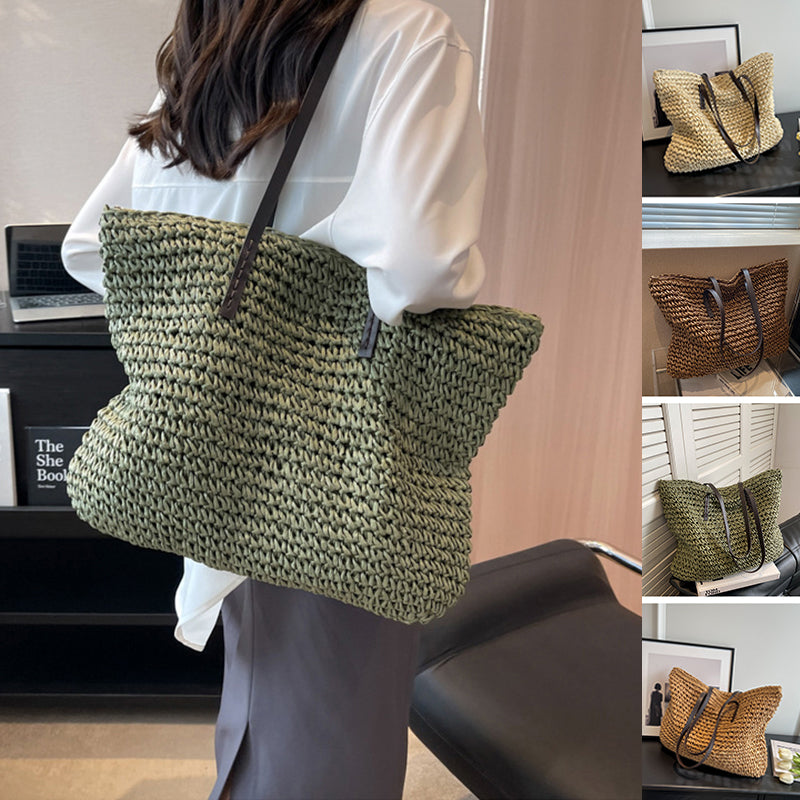 👜 Summer Woven Shoulder Bag with Zipper - Large Capacity Women's Beach Handbag