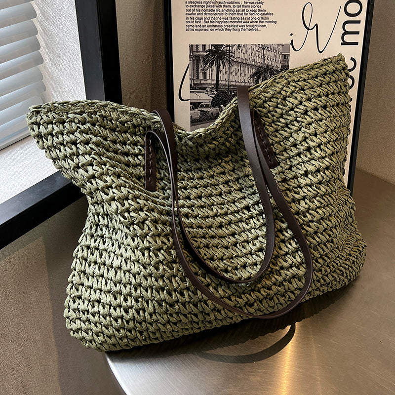 👜 Summer Woven Shoulder Bag with Zipper - Large Capacity Women's Beach Handbag