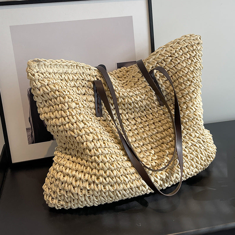 👜 Summer Woven Shoulder Bag with Zipper - Large Capacity Women's Beach Handbag