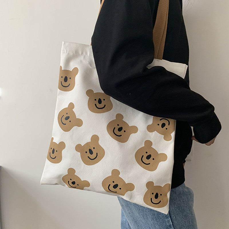 🐻 Canvas Cartoon Bear Tote Bag - Cute Shopping & Beach Bag for Women